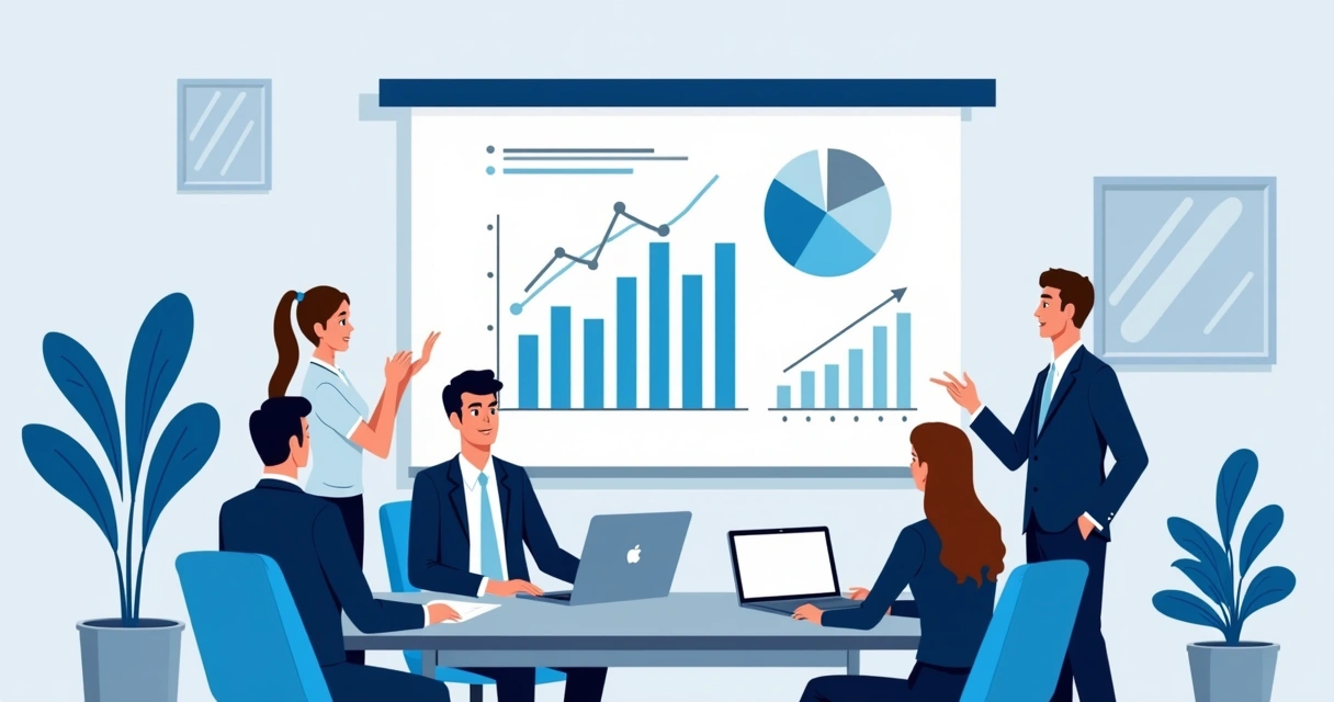 Grupo reunido em sala de reunião assistindo a apresentação com gráficos sobre contabilidade 
