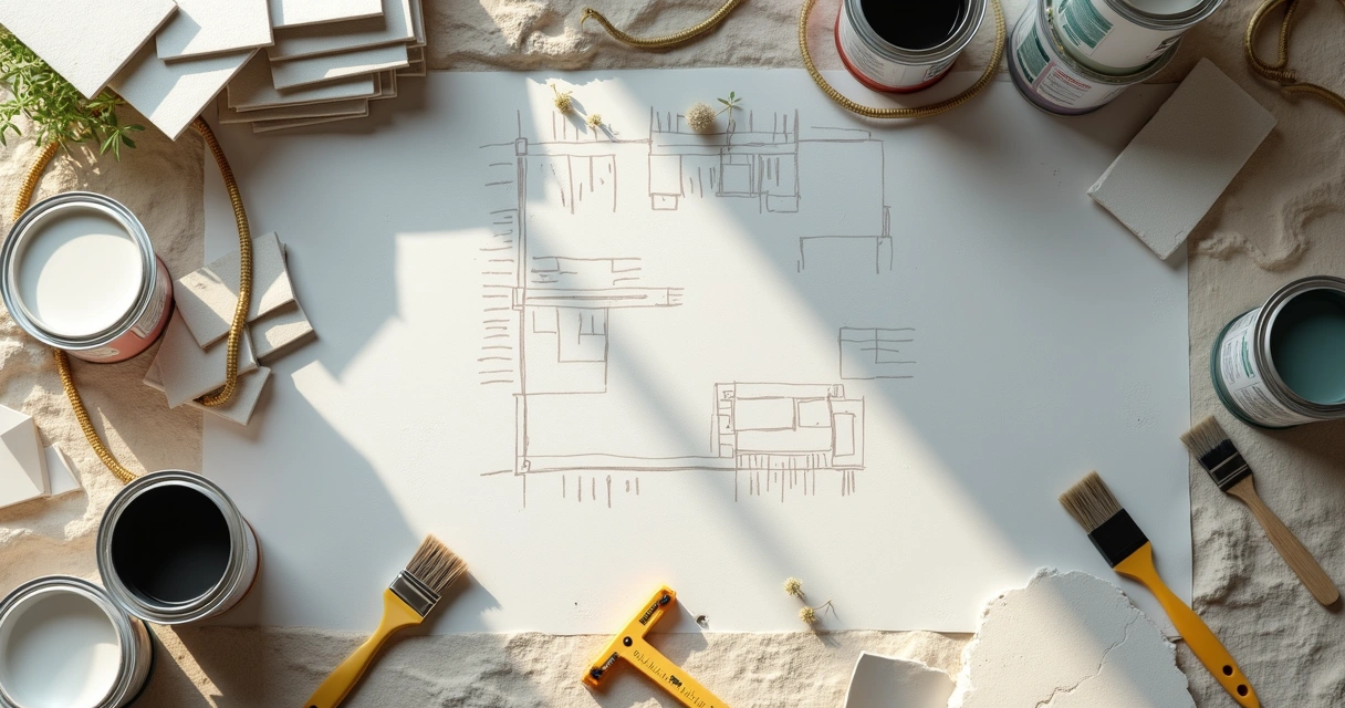 Mesa com materiais e ferramentas de reforma organizados 