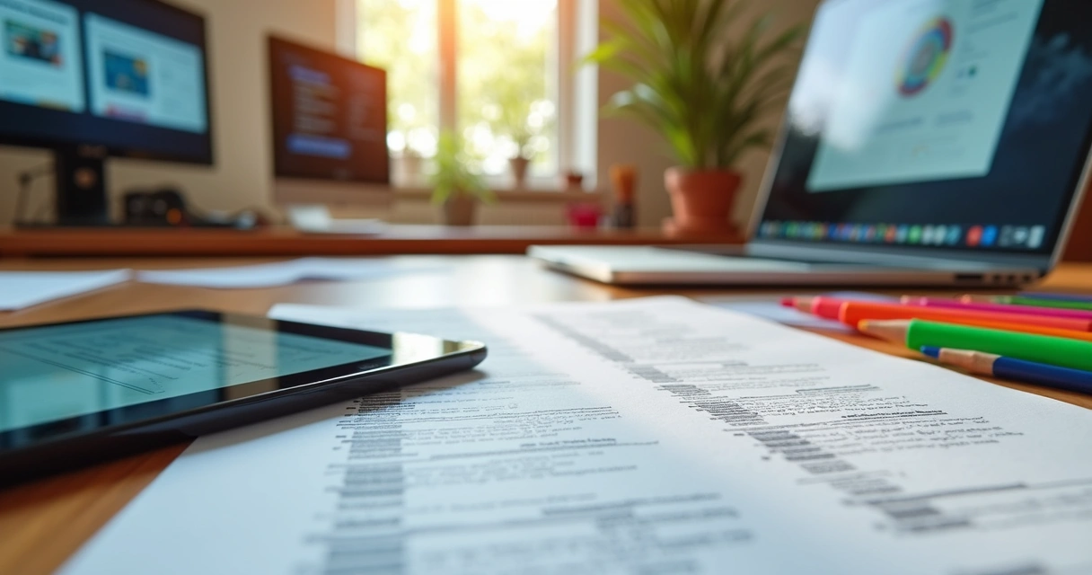 Material didático variado e gratuito disposto sobre uma mesa, com dispositivos digitais e livros