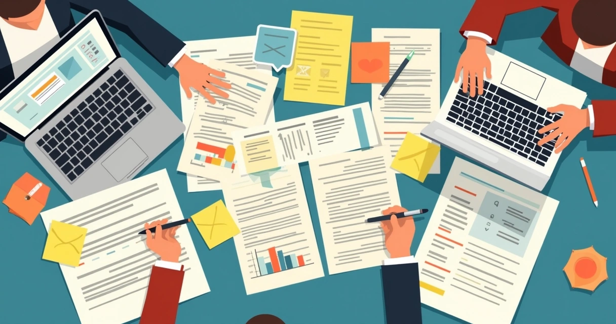 Papéis, cadernos, planilhas de papel e um notebook abertos em uma mesa moderna, prontos para digitalização