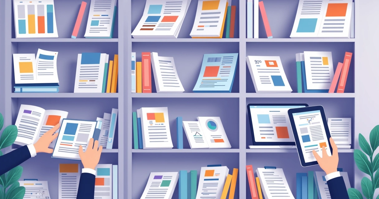 Diversos materiais de apoio e playbooks organizados em prateleiras digitais 