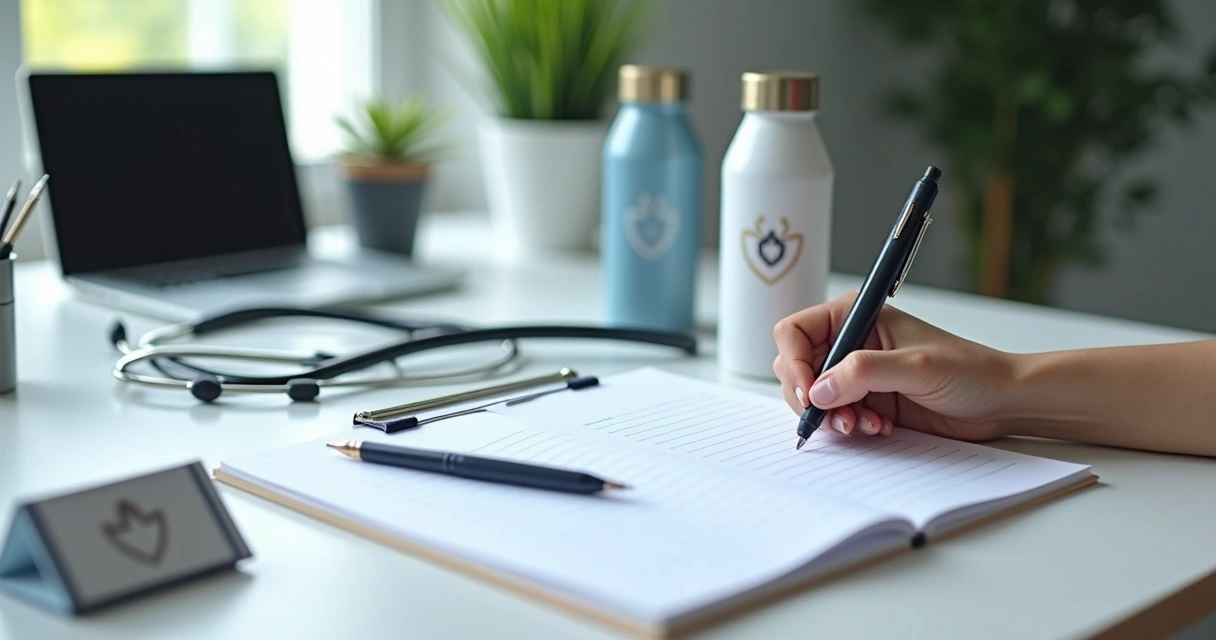 Mesa de escritório organizada com brindes personalizados como blocos, canetas e squeezes com logotipo