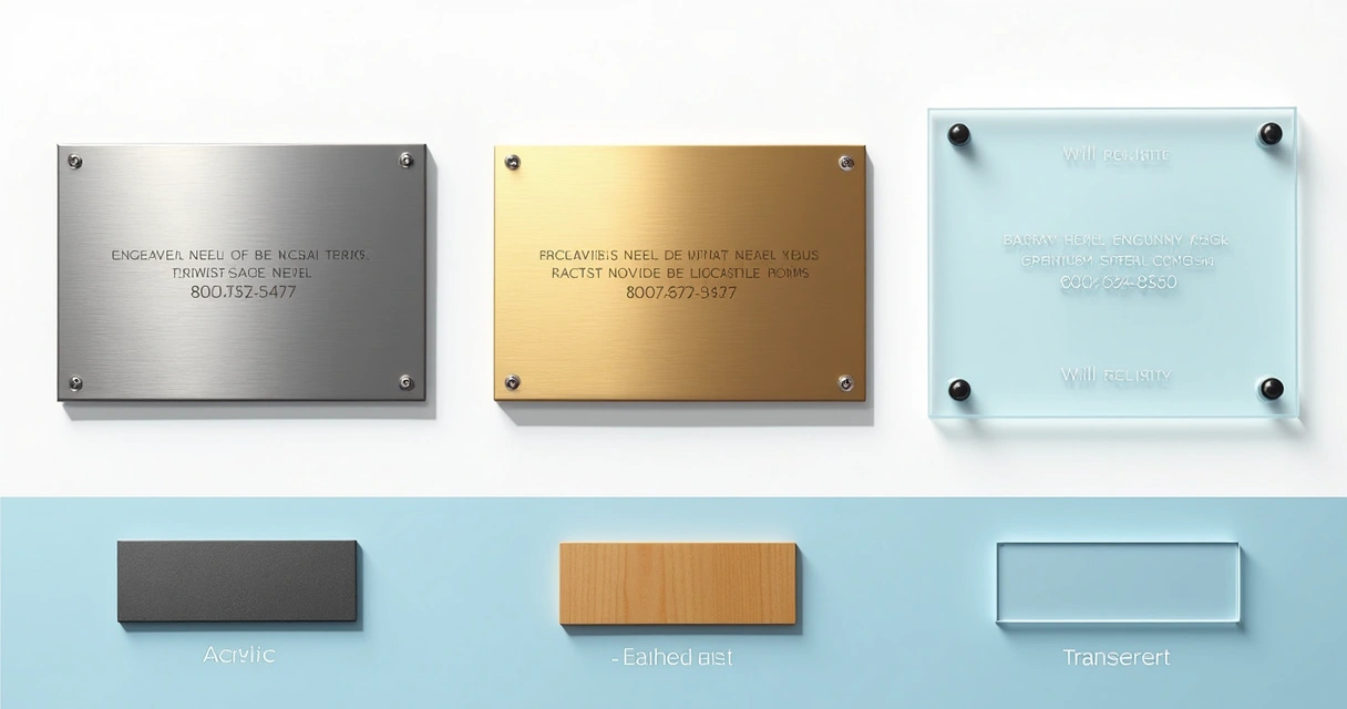 Comparativo visual entre placas de homenagem feitas de aço inox, latão e acrílico 