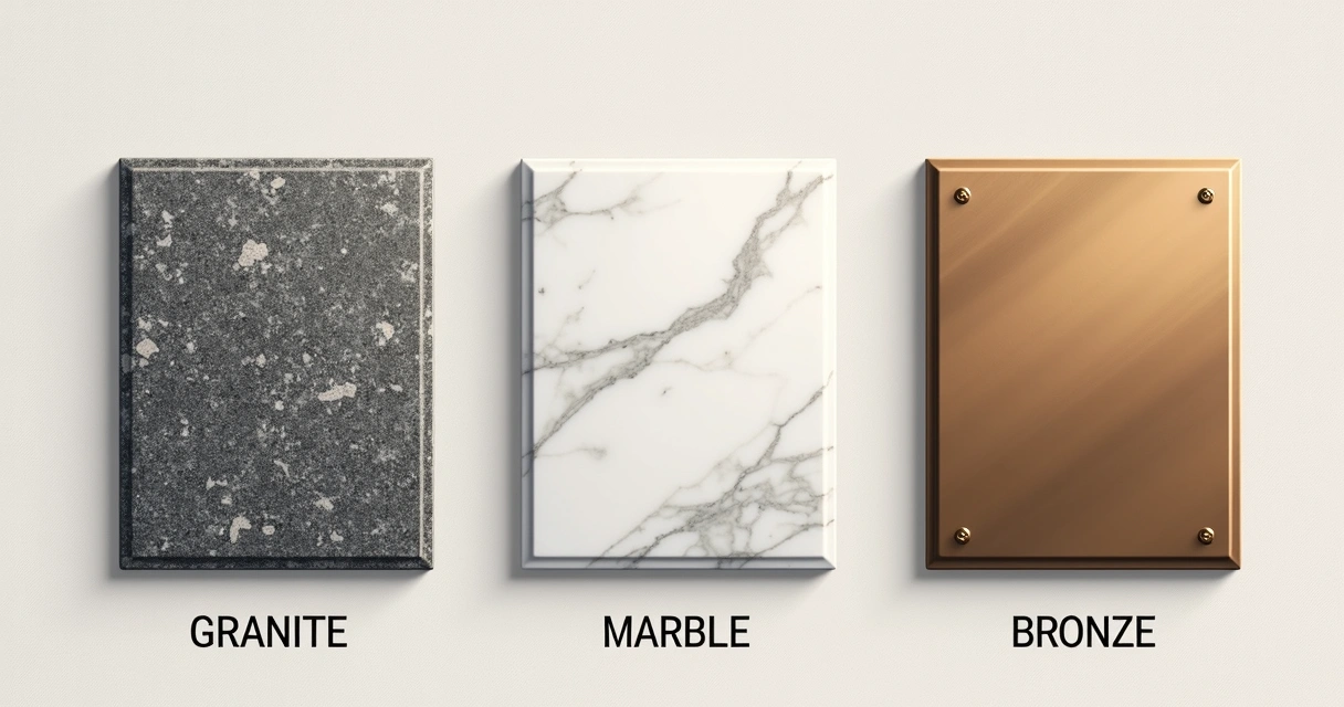 Materiais de placa de inauguração com granito, mármore e bronze lado a lado 