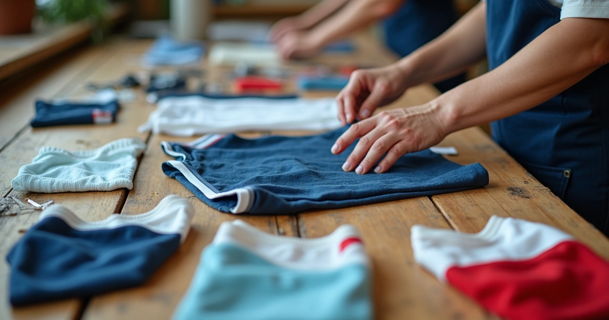 Tecidos de camisa reciclada em bancada com mãos costurando 