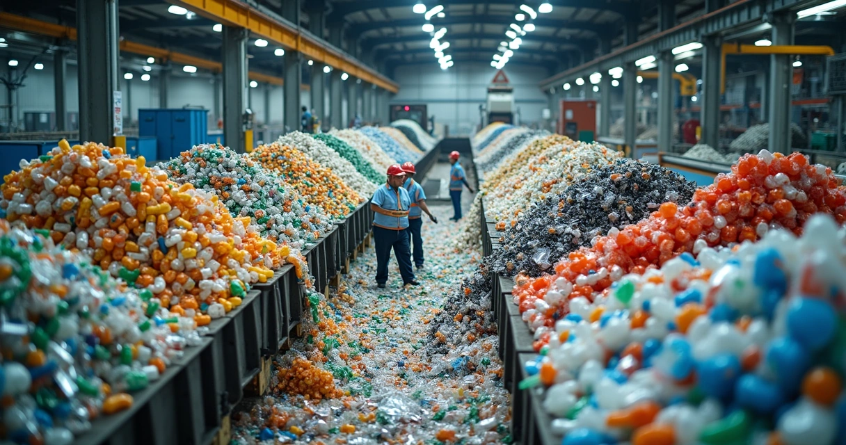 Materiais recicláveis em centro de triagem industrial 