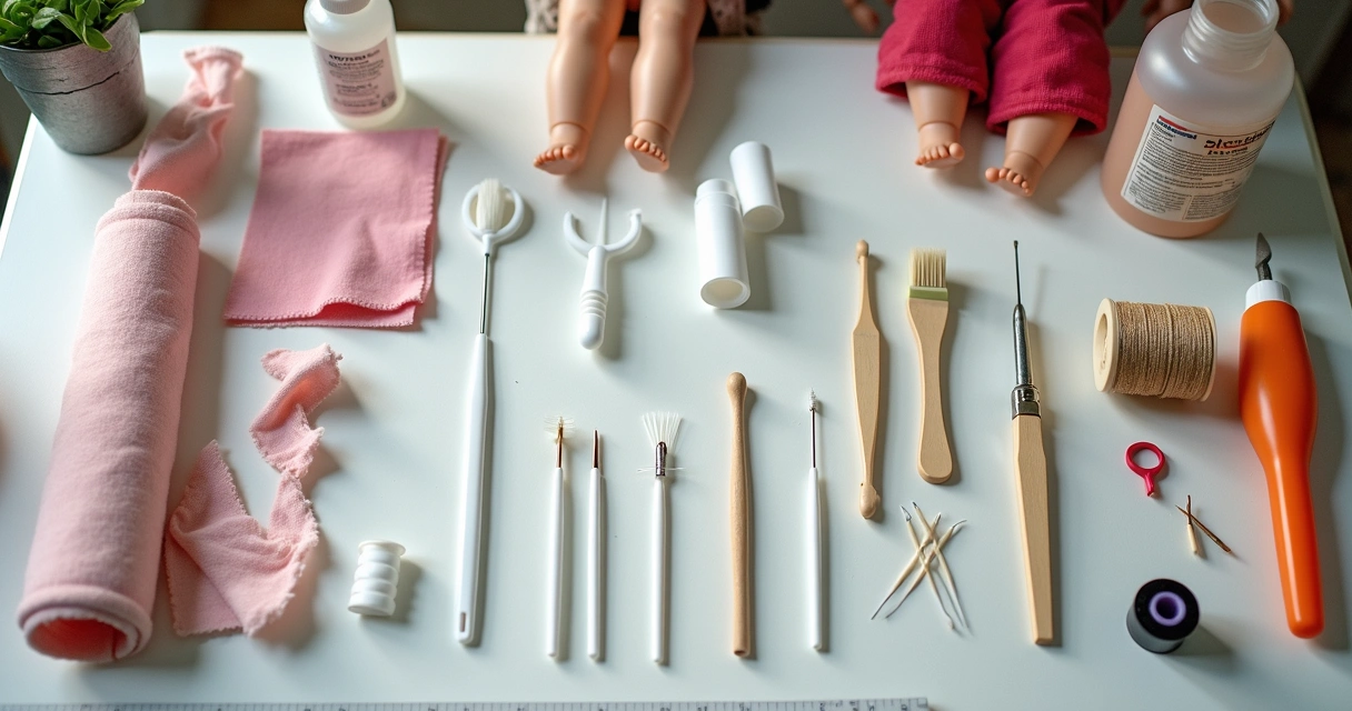 Materiais para restauração de bonecas em mesa de trabalho