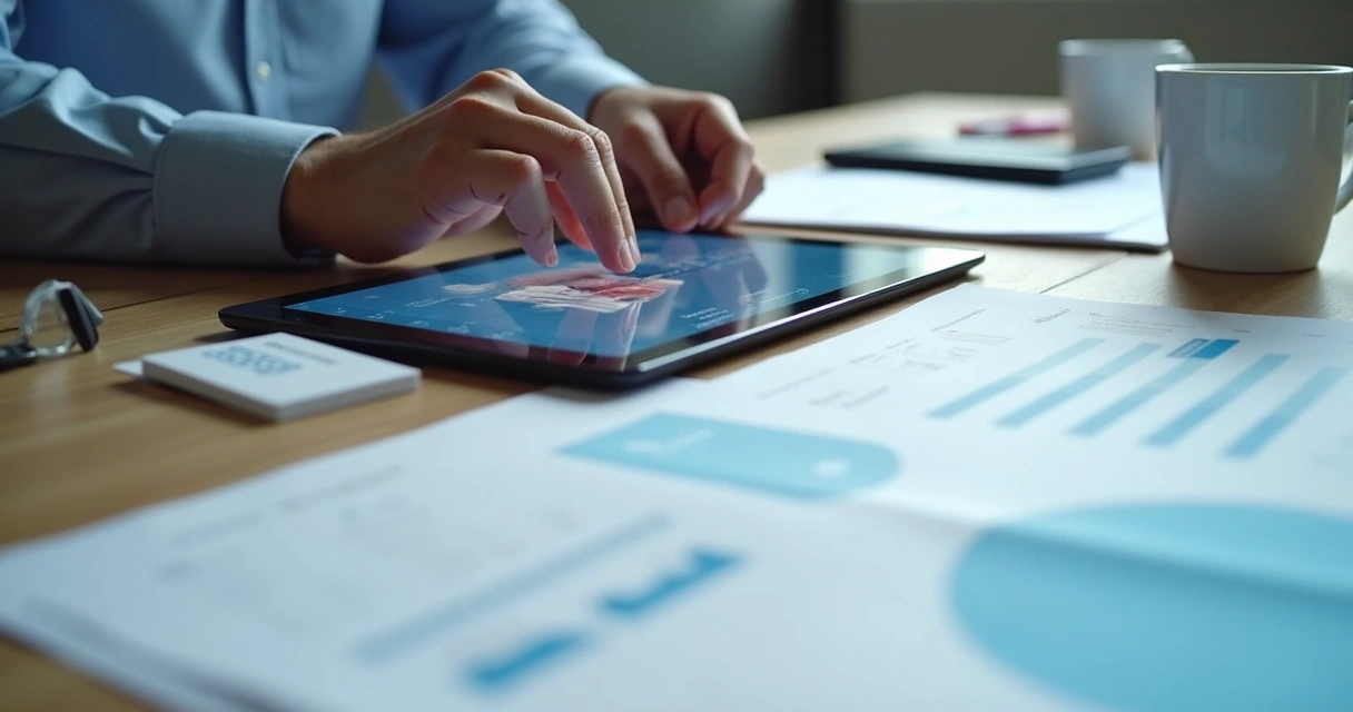 Materiais ricos sobre odontologia B2B na tela de tablet e papéis sobre mesa