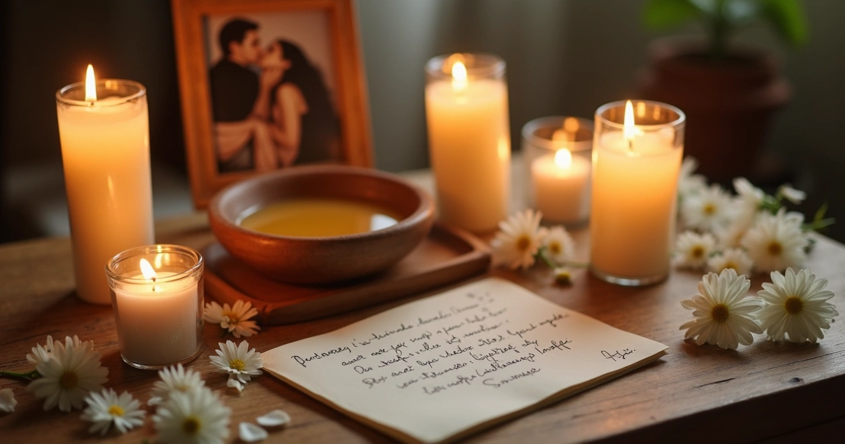 Materiais comuns para ritual de adoçamento em mesa com mel, flores, vela branca e foto do casal 