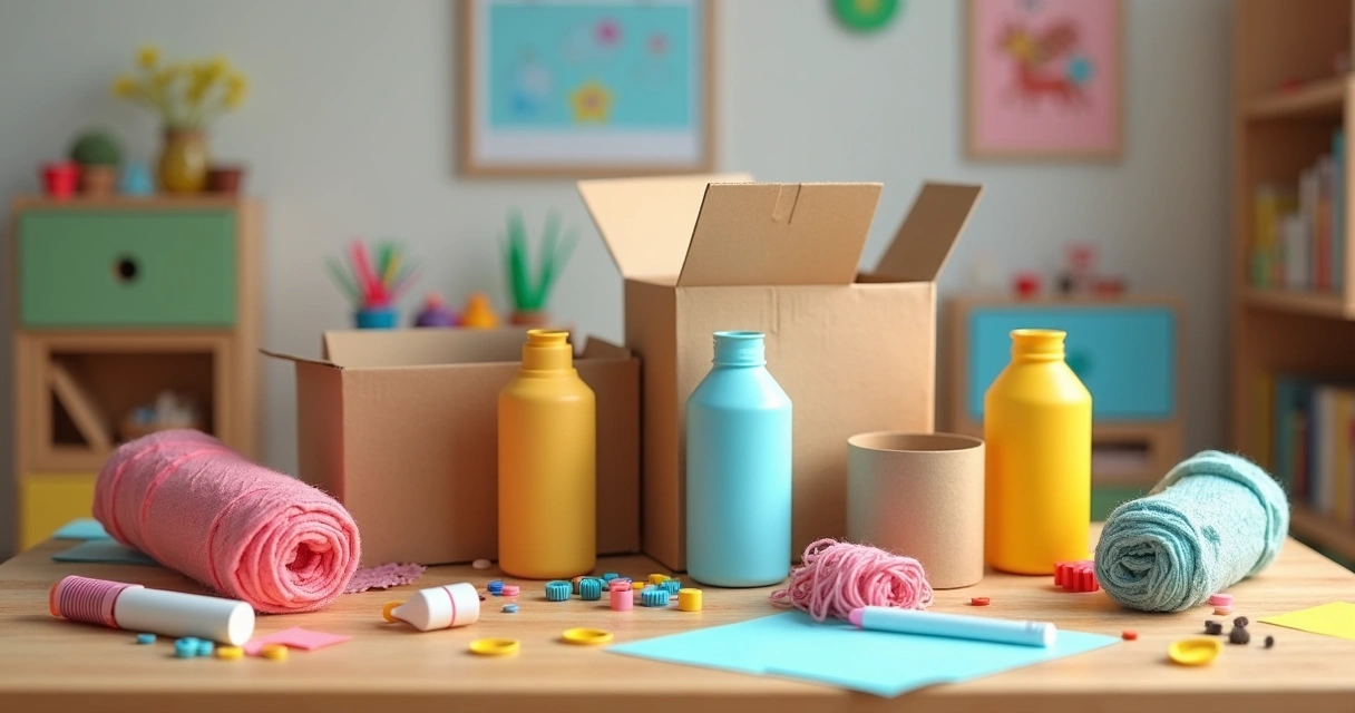 Materiais recicláveis e itens artesanais organizados em uma mesa infantil