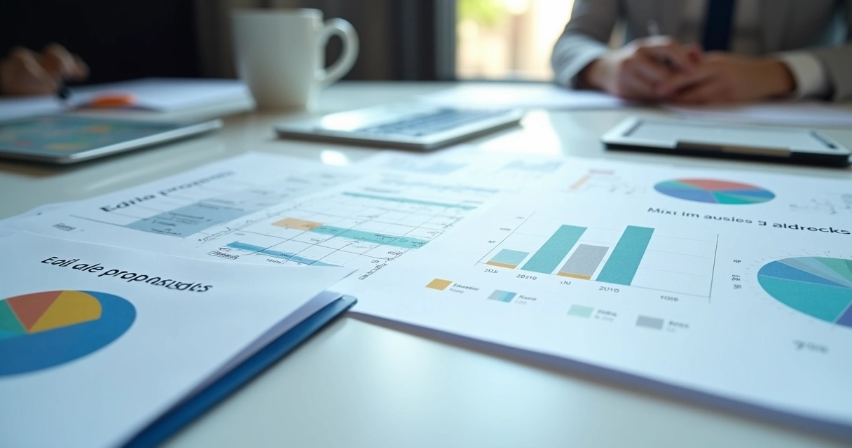 Materiais de apoio reunidos sobre uma mesa, como propostas e checklists 