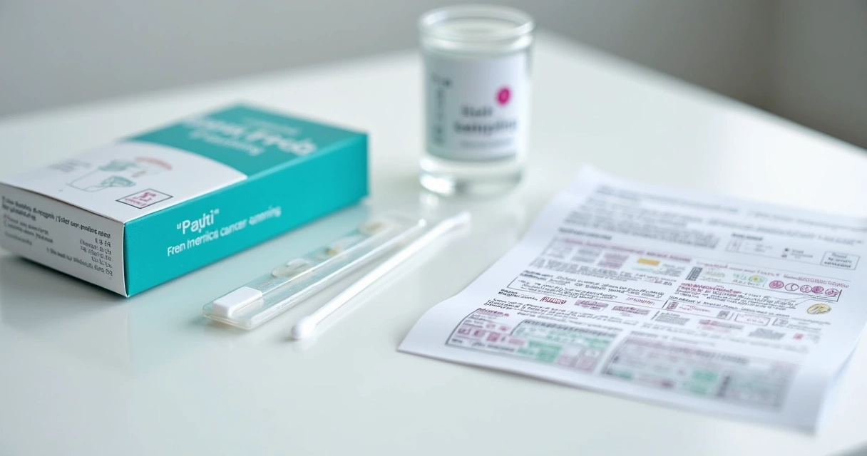 Kit de autocoleta para papanicolau sobre uma mesa branca, com manual ilustrado ao lado 