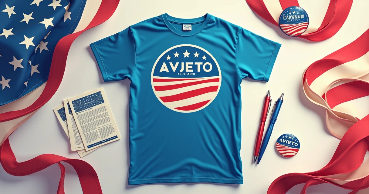 Camiseta de campanha eleitoral com design de identidade visual, logo, slogan e cores da campanha. 