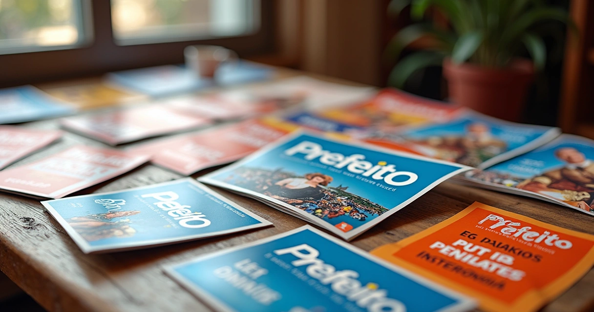 Mesa com santinhos, adesivos de carro e cartazes de campanha para prefeito 