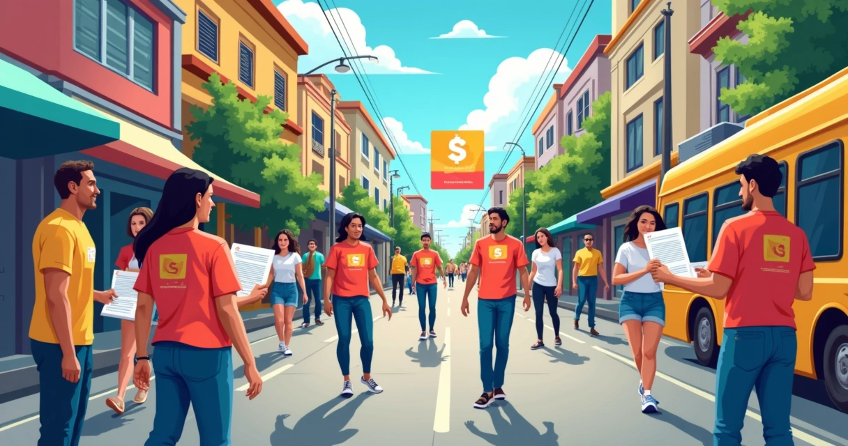 Material de campanha política sendo distribuído em uma rua movimentada 