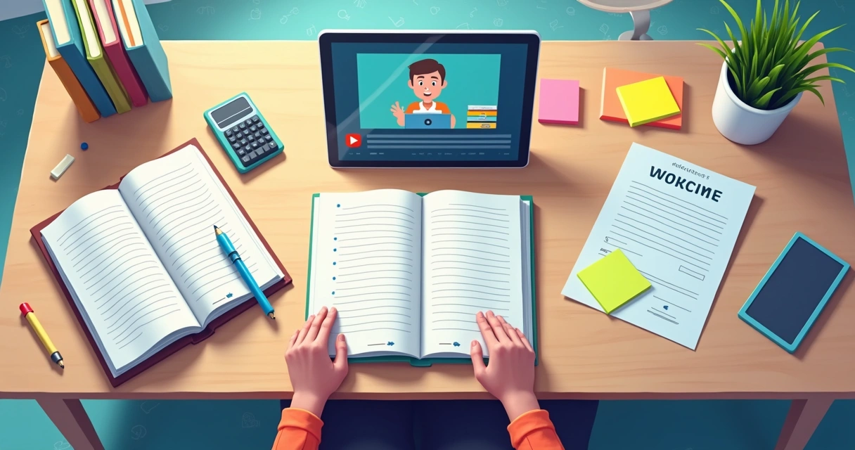 Materiais de diversos formatos usados juntos, incluindo vídeo, ebook e quiz, sobre uma mesa de escritório 