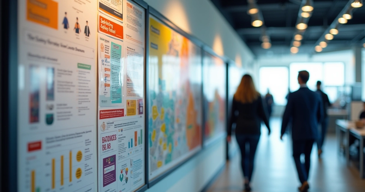 Materiais internos de conscientização expostos em mural na empresa 