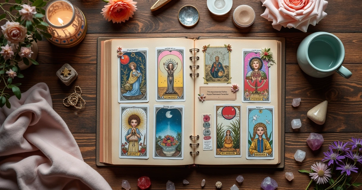Caderno aberto com colagens coloridas, recortes de cartas de tarot e símbolos esotéricos espalhados em uma mesa 