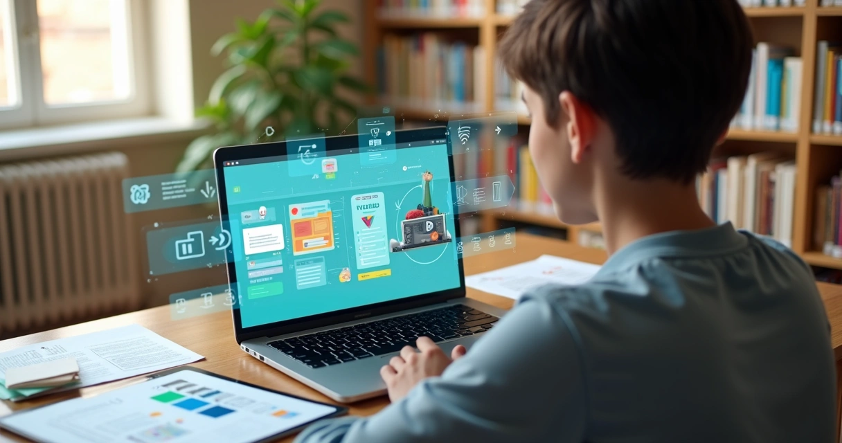 Aluno acessa plataforma EAD com materiais didáticos variados e interativos 