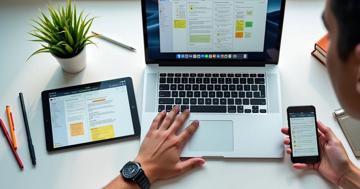 Materiais de estudo digitais organizados em telas de computador, tablet e celular 