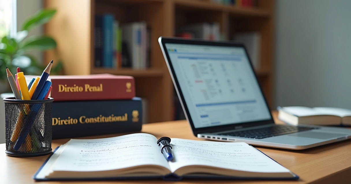 Materiais de estudo organizados sobre a mesa, com livros de direito penal, computador e cadernos 