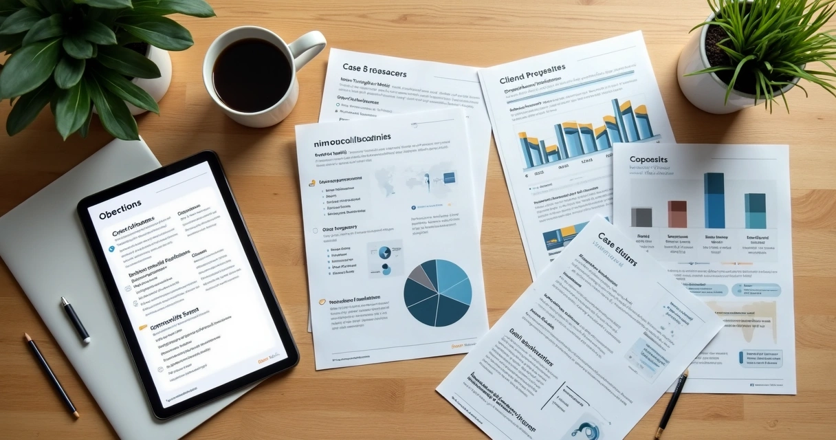 Material organizado de kit de vendas sobre mesa de escritório 