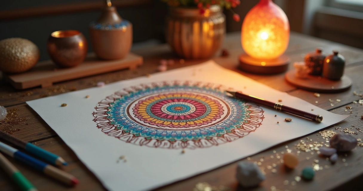 Materiais para fazer mandala abundantemente organizados numa mesa