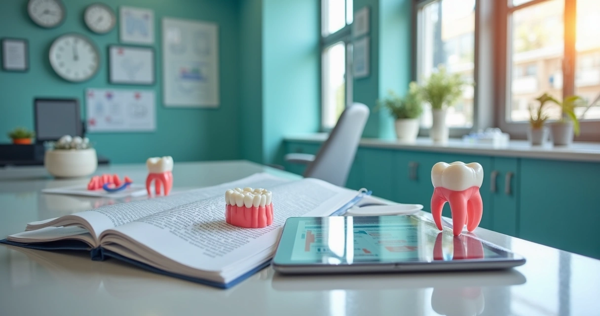 Mesa com materiais científicos, revista odontológica aberta e smartphone 