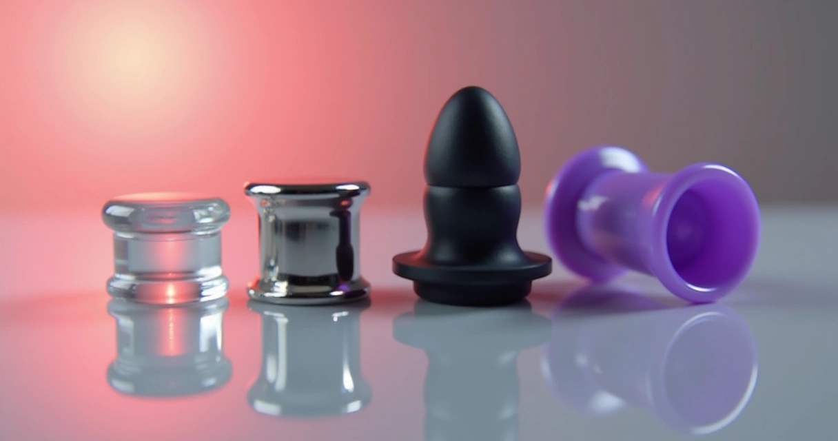 Vários plugs anais feitos de diferentes materiais expostos lado a lado. 