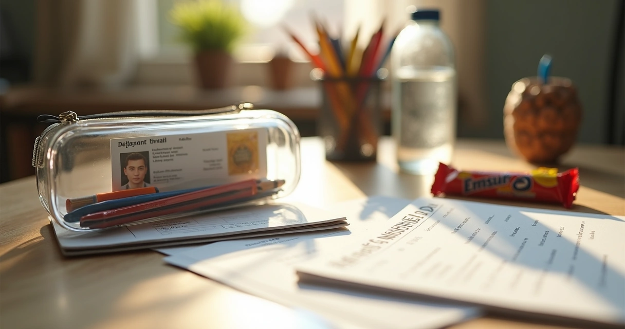 Mesa organizada com materiais de prova e objetos pessoais