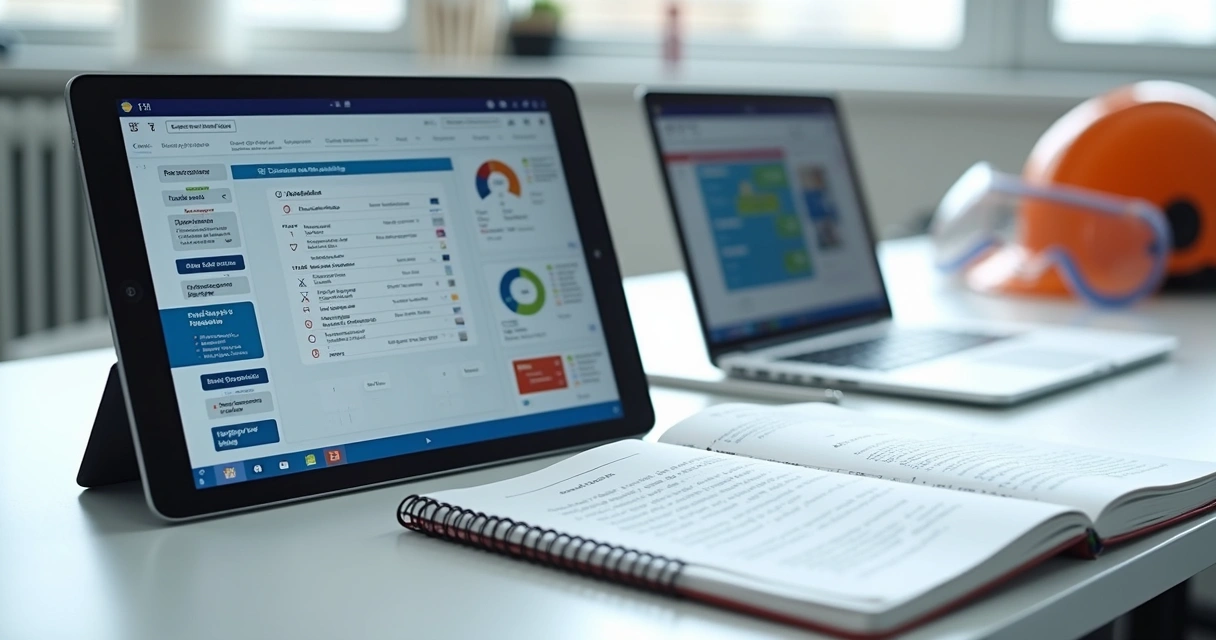 Materiais digitais sobre NR-1 em tablets e notebooks 