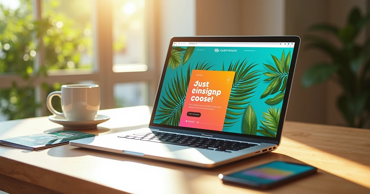 Computador mostrando peça de divulgação de pousada no Canva 