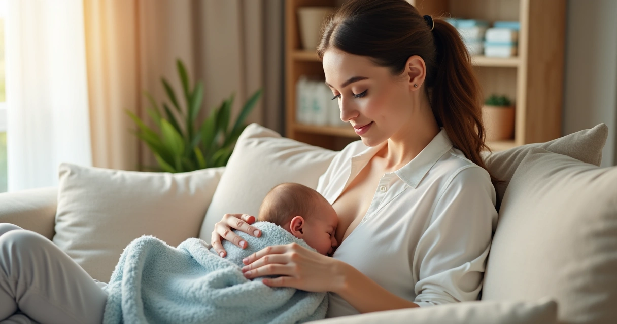 Mãe amamentando bebê de forma confortável e serena em ambiente iluminado 