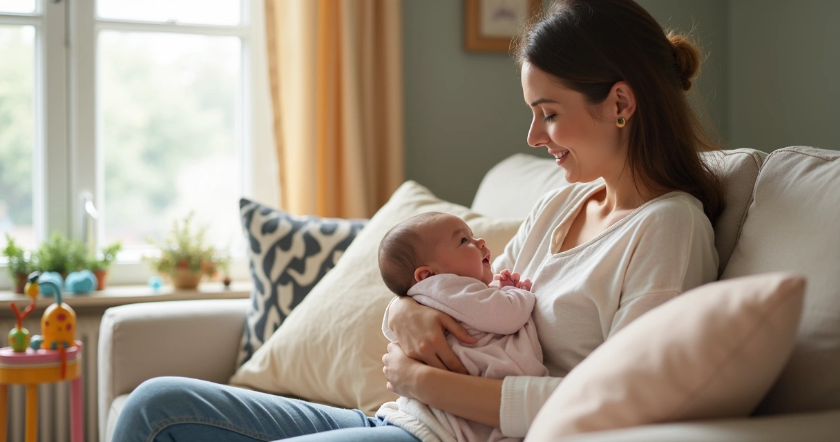 Mãe segurando bebê recém-nascido no colo em casa 