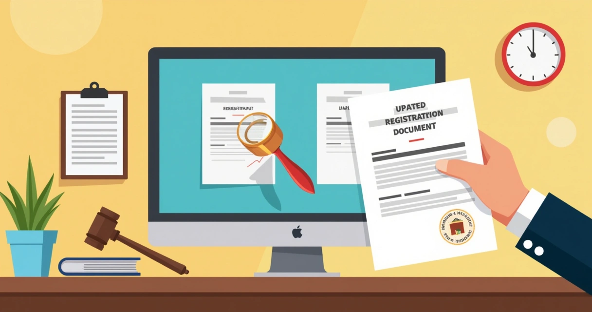 Mão segurando matrícula imobiliária ao lado de um computador com tela mostrando certidões 