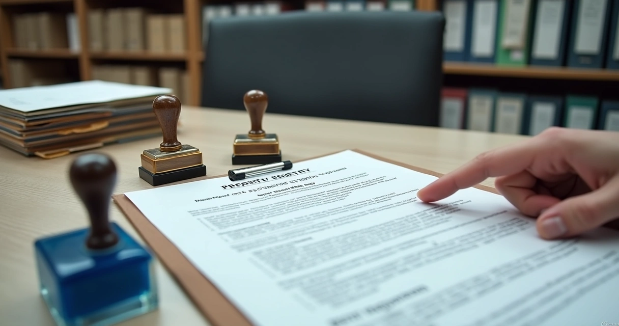 Matrícula de imóvel e carimbo de cartório sobre mesa de atendimento 