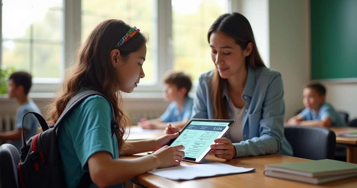 Aluno realizando matrícula digital em tablet na escola 