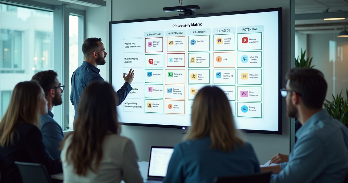 Equipe de RH avaliando matriz 9 box em painel digital 