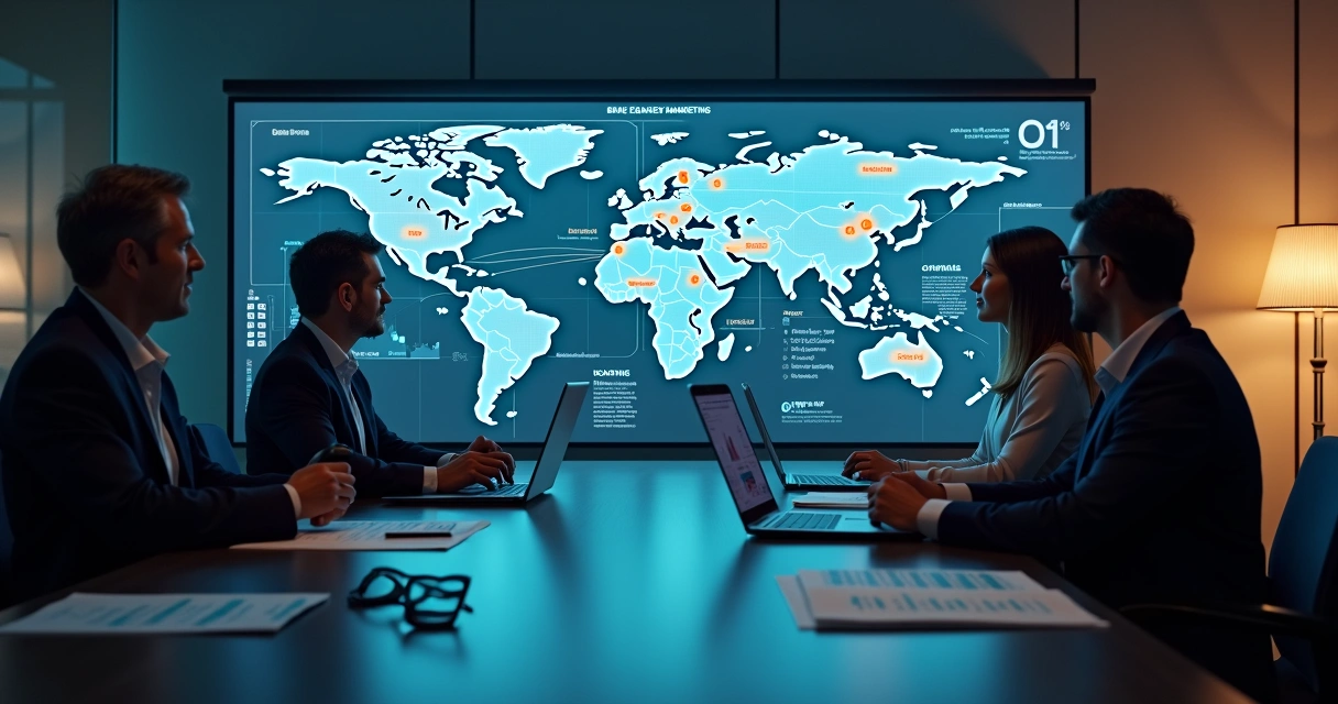 Executivos analisam grande matriz digital com contas estratégicas conectadas por IA 