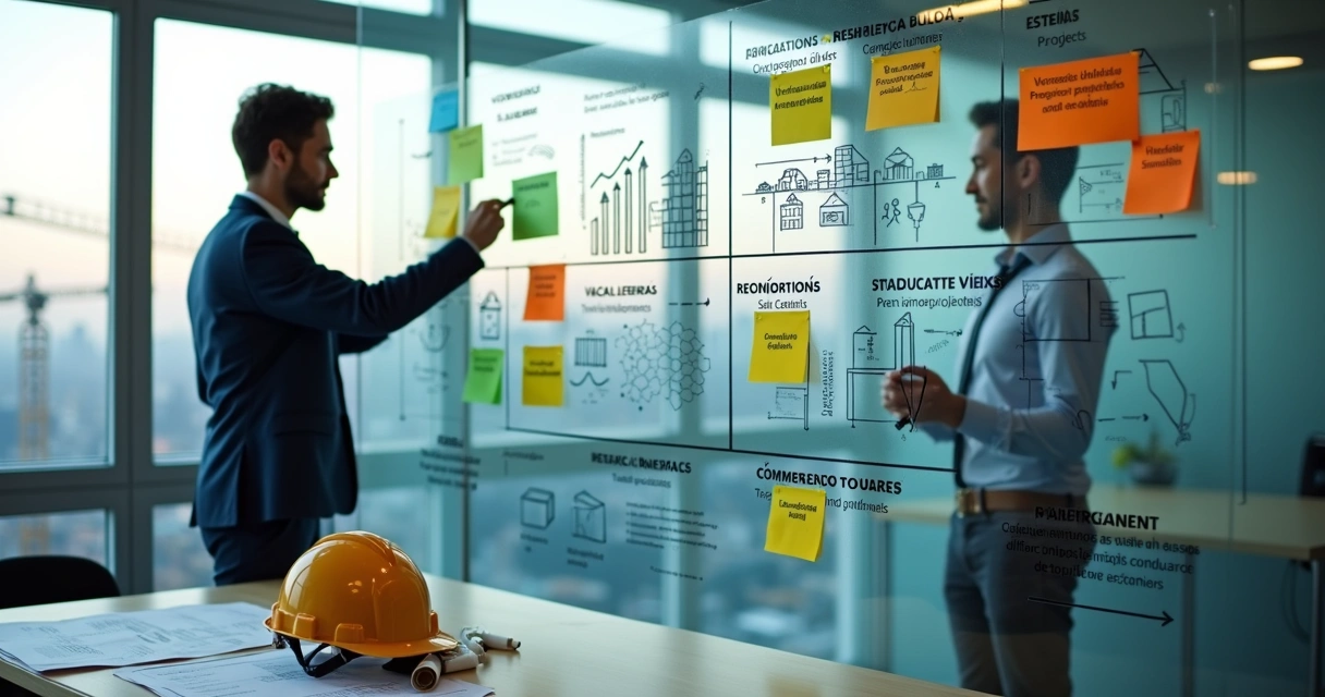 Matriz BCG colorida com serviços de construção civil em quadro de vidro 