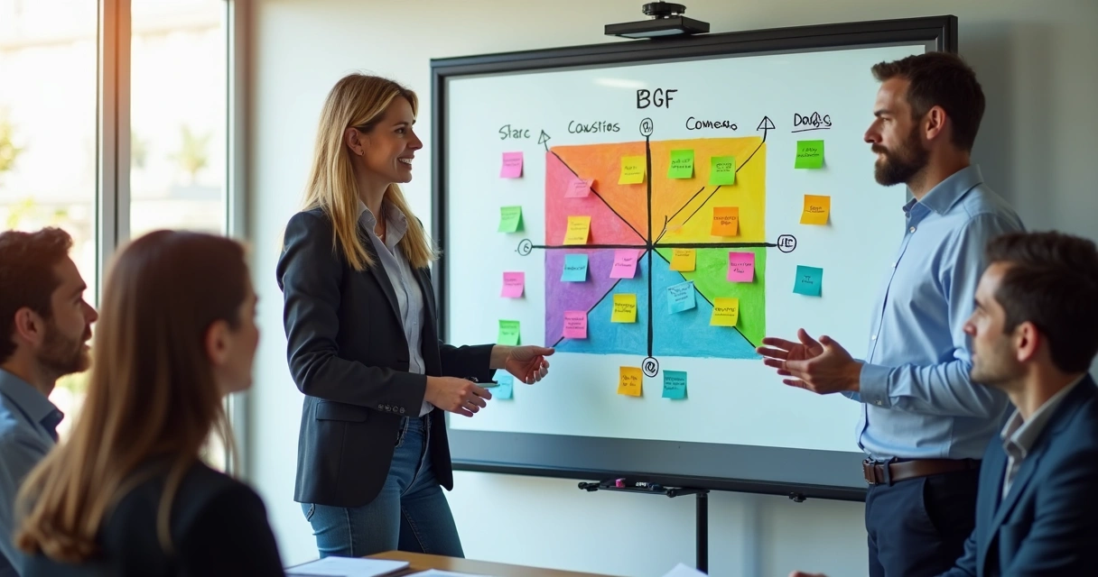 Quadro ilustrando uma matriz BCG com produtos classificados nas quatro categorias 