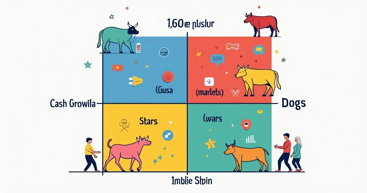 Ilustração colorida da matriz BCG com as quatro áreas, cada uma representando uma categoria de produto. 