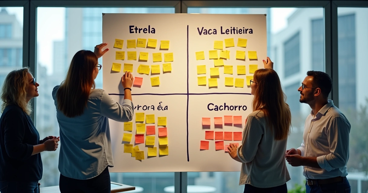 Equipe analisando matriz BCG com produtos em diferentes quadrantes 