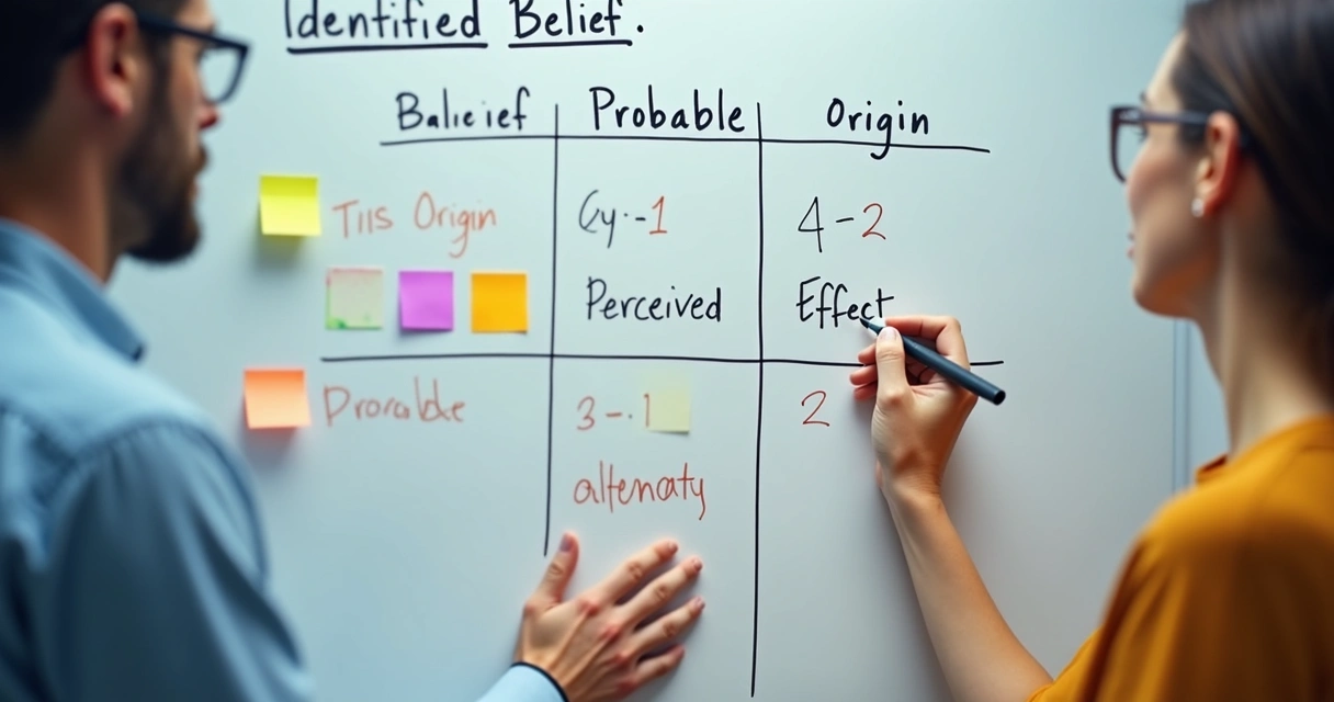 Matriz escrita em quadro branco com crenças limitantes de equipe