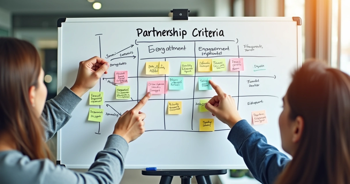 Quando dar desconto especial para parceiro estratégico critérios e riscos Quadro branco com matriz de critérios de parceria desenhada, colaborativo