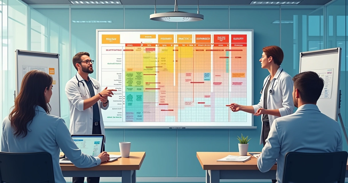 Quadro colorido detalhando a matriz curricular de um curso técnico em saúde, dividido em módulos teóricos e práticos 