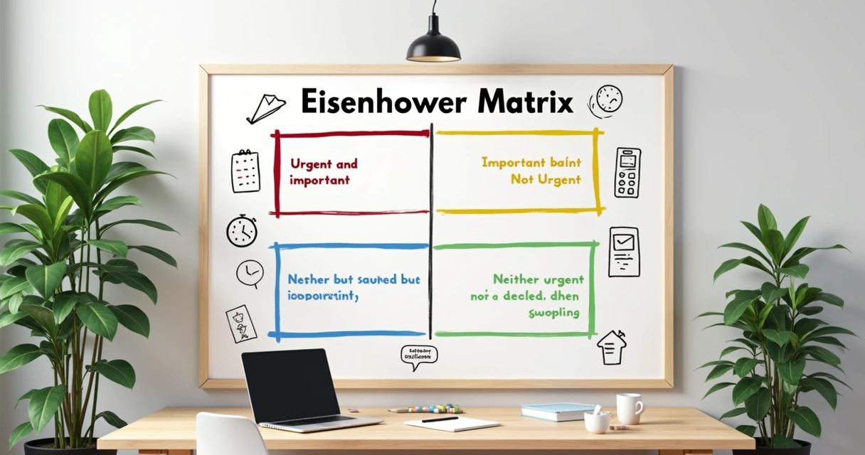 Espaço de trabalho organizado com a Matriz de Eisenhower, mostrando categorias coloridas de tarefas.