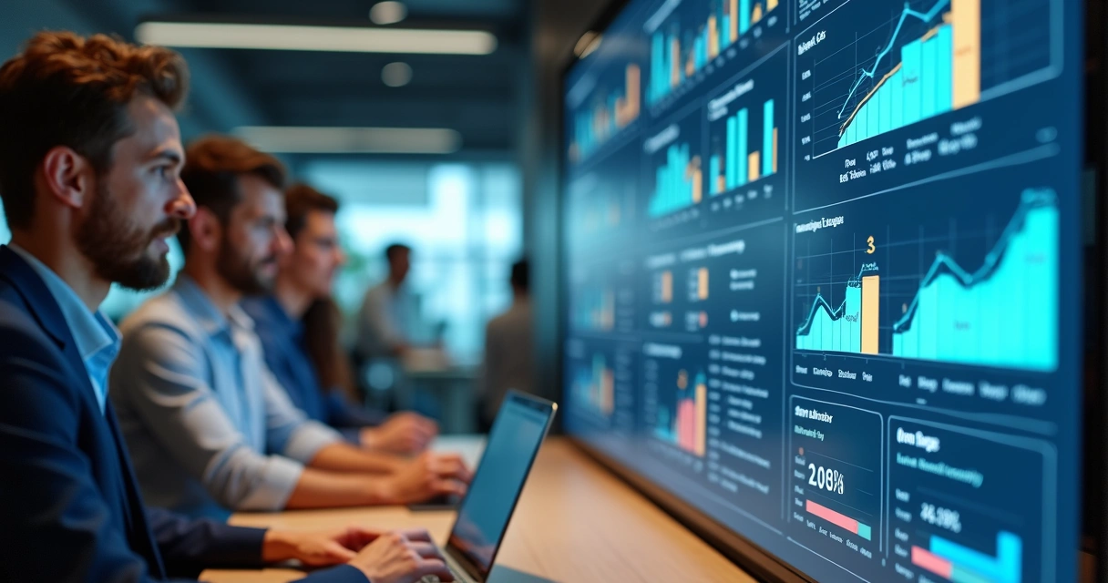 Gráfico mostrando matriz de pontuação de vendas em ambiente de escritório com equipe analisando dados