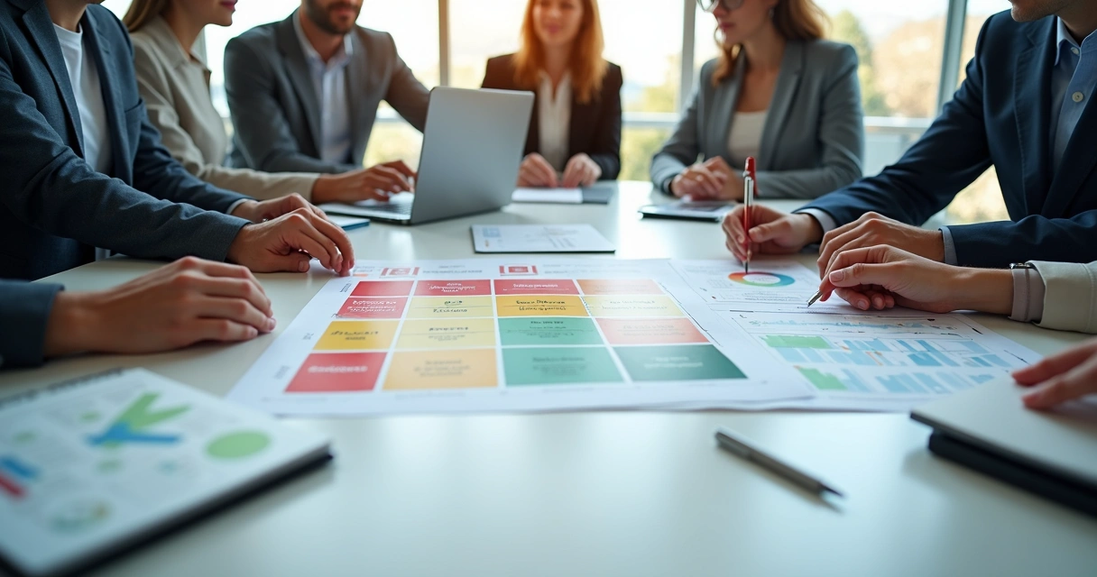 Profissionais de RH analisando matriz de riscos em uma mesa com gráficos e laptops 