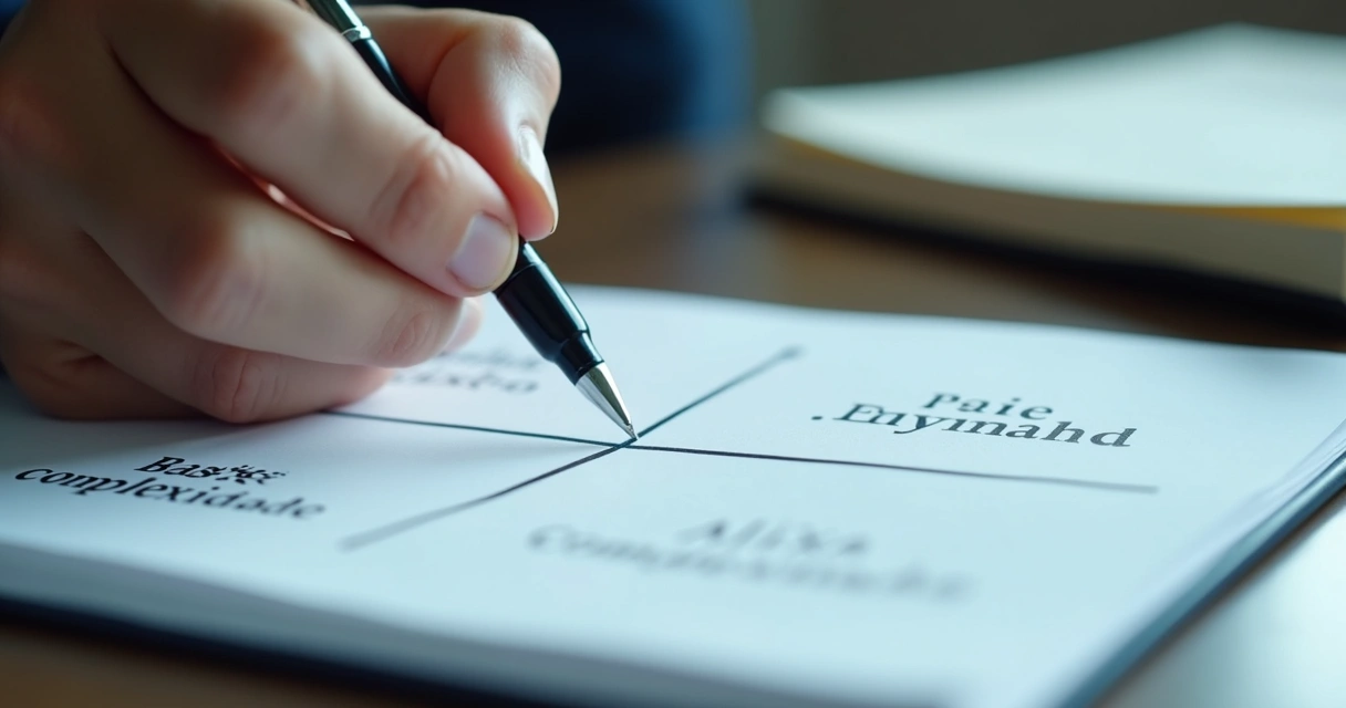 Matriz escrita à mão em bloco de notas com setas e categorias jurídicas 